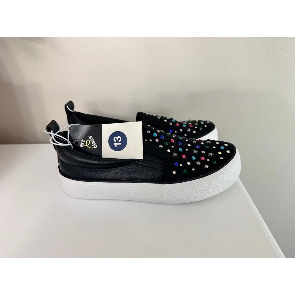 Art Class Slip On Sneakers Girls Size 13 Black Rhinestone Star Bling NWT